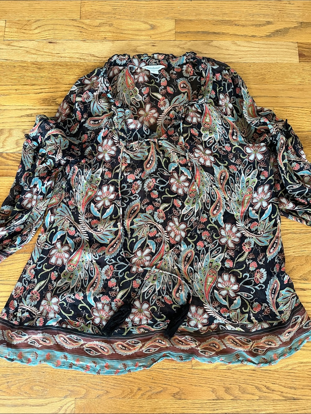 Sundance Black Floral Paisley Tie-Neck Blouse with Teal and Rust Accents silk xl